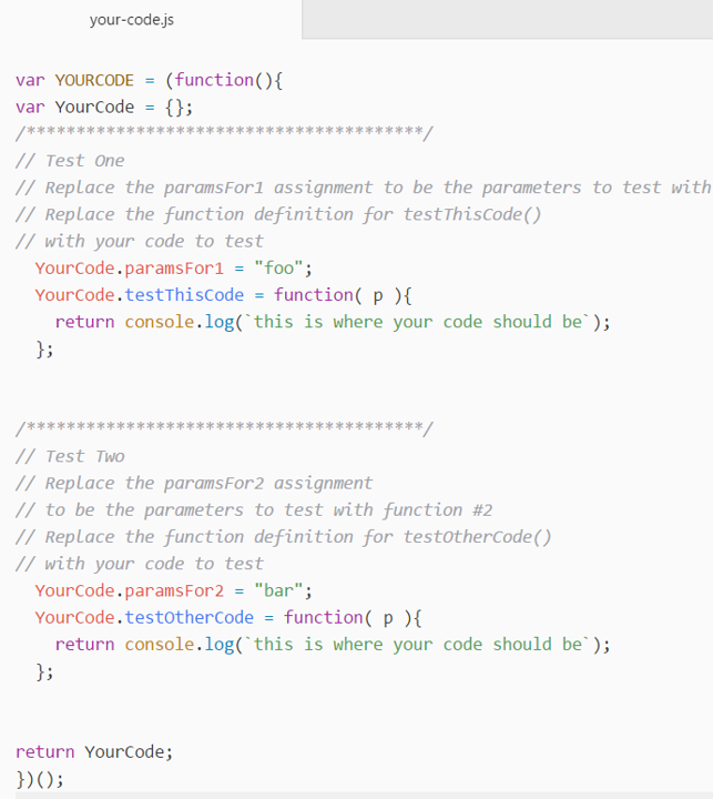 Default view of what YourCode file looks like before it is updated